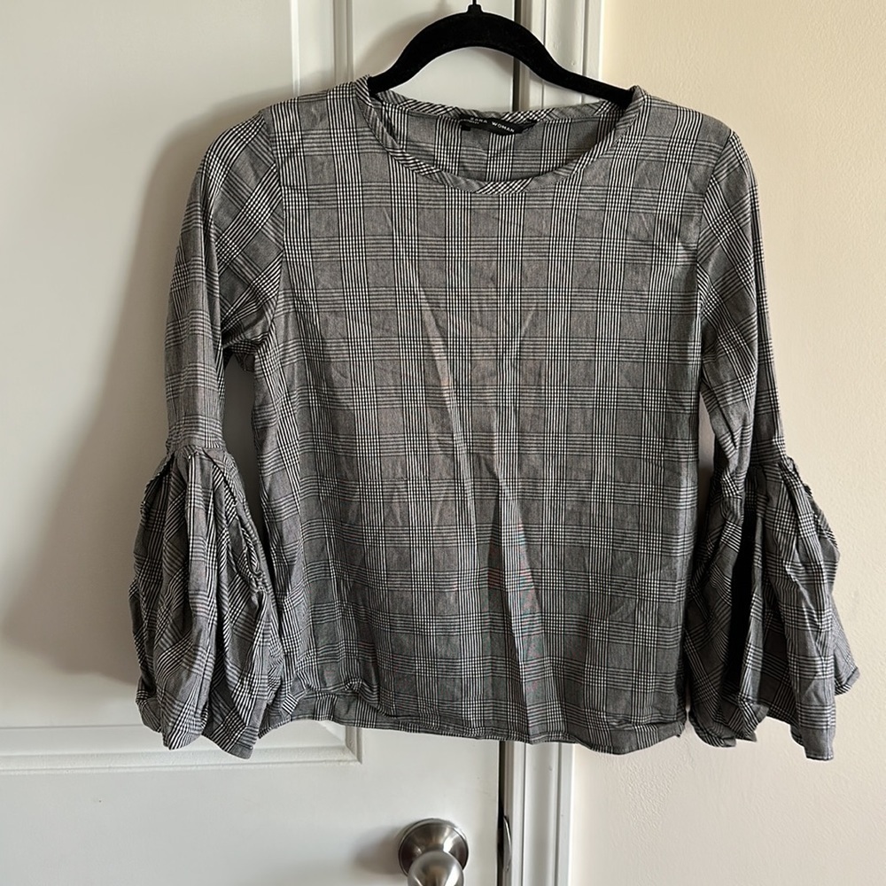 Zara Plaid Black and White Bell Sleeve Blouse - Picture 4 of 7